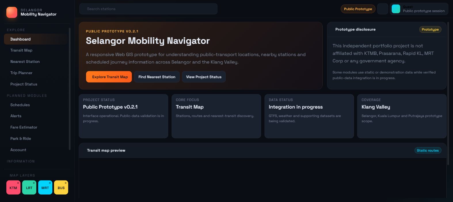 Selangor Mobility Navigator dashboard showing a transit map, station controls and mobility navigation interface.